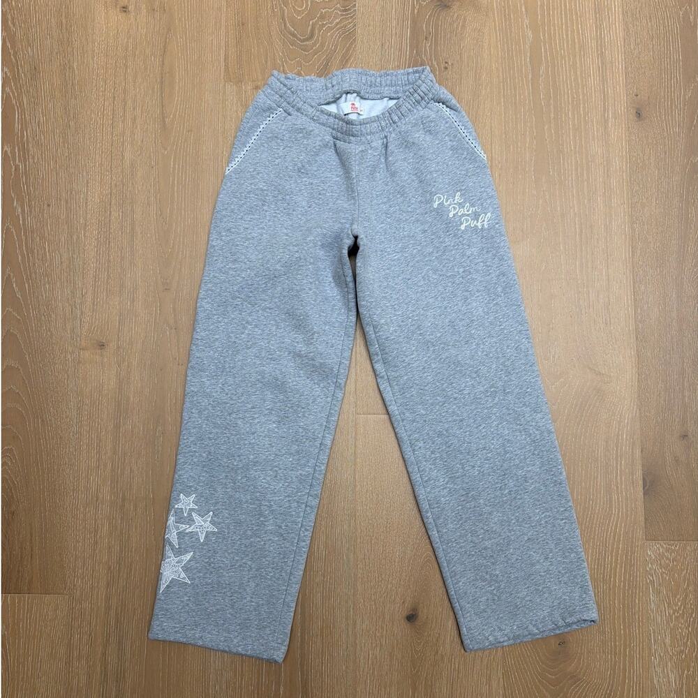 Pink Palm Puff Sweatpants Wide Leg Lacy Size S Gray White